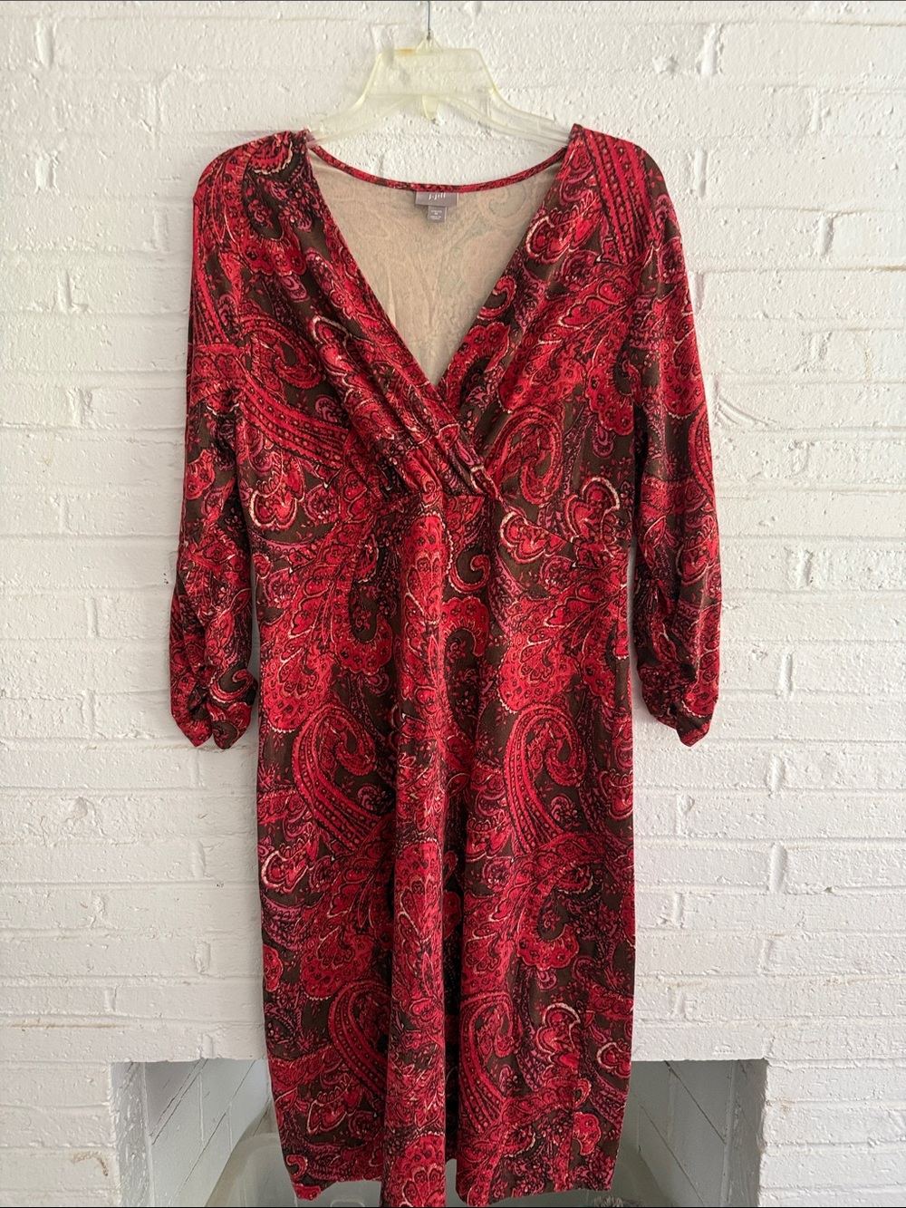 J. Jill Red Paisley V-Neck Wrap Midi Dress